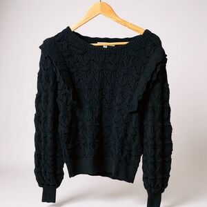 SINGLE THREAD Black‎ Crochet Lace Knit Sweater Long Sleeve Boat Neck Large